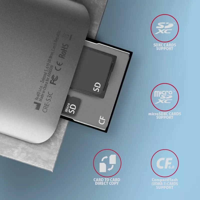 AXAGON CRE-S3C aliumininis USB-C 3.2 Gen 1 atminties kortelių skaitytuvas, 3 lizdai, UHS-II