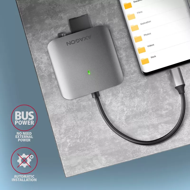 AXAGON CRE-S3C aliumininis USB-C 3.2 Gen 1 atminties kortelių skaitytuvas, 3 lizdai, UHS-II