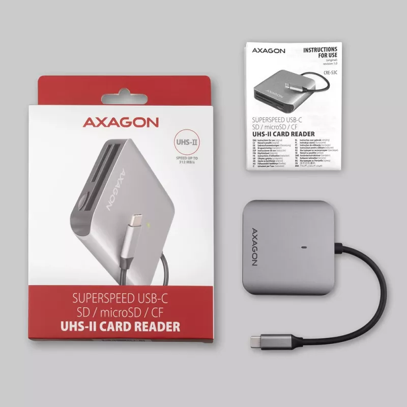 AXAGON CRE-S3C aliumininis USB-C 3.2 Gen 1 atminties kortelių skaitytuvas, 3 lizdai, UHS-II