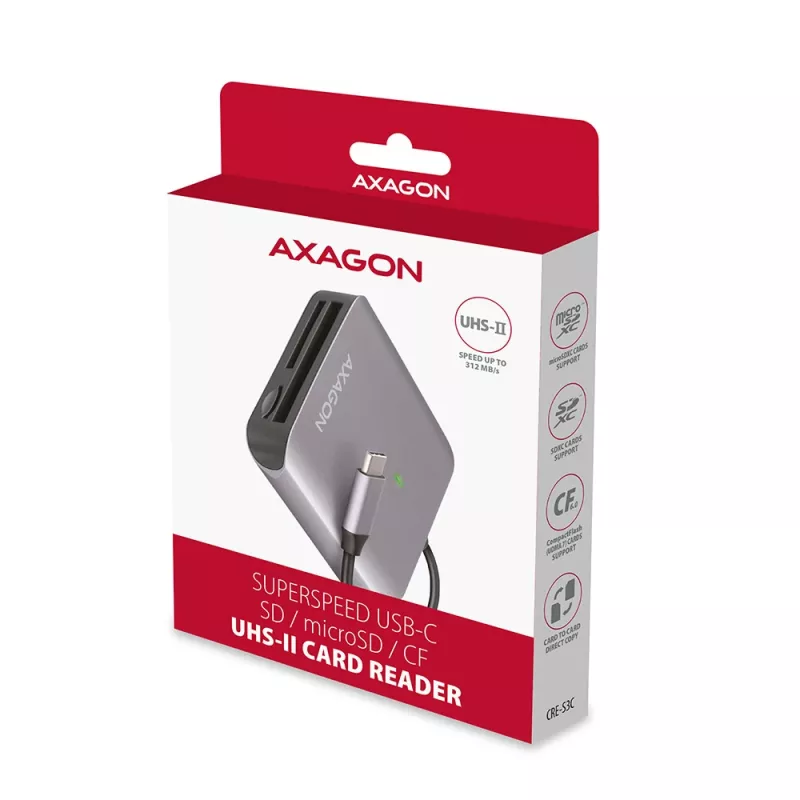 AXAGON CRE-S3C aliumininis USB-C 3.2 Gen 1 atminties kortelių skaitytuvas, 3 lizdai, UHS-II