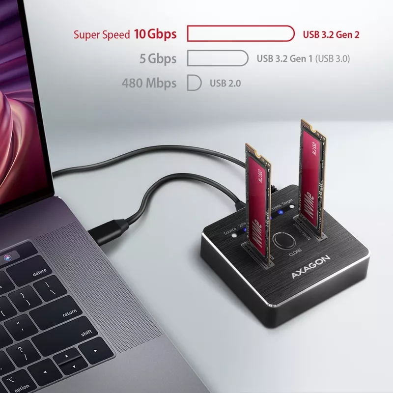 Axagon ADSA-M2C Dual NVMe Clone Master Dock USB-C 10Gbps