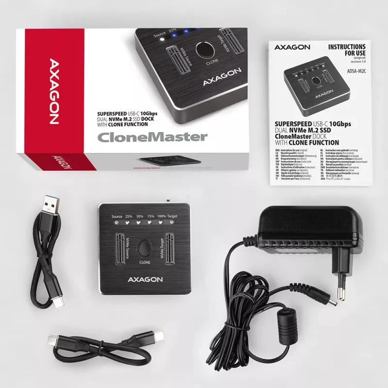 Axagon ADSA-M2C Dual NVMe Clone Master Dock USB-C 10Gbps