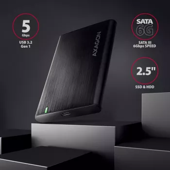 Išorinis dėklas 2.5 colio HDD/SSD AXAGON EE25-A6C — SATA, USB 3.2 Gen 1 (Type-C & Type-A), aliuminis, juodas