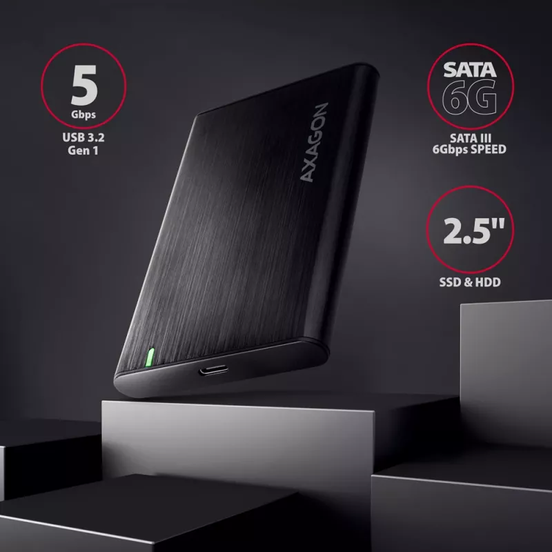 Išorinis dėklas 2.5 colio HDD/SSD AXAGON EE25-A6C — SATA, USB 3.2 Gen 1 (Type-C & Type-A), aliuminis, juodas