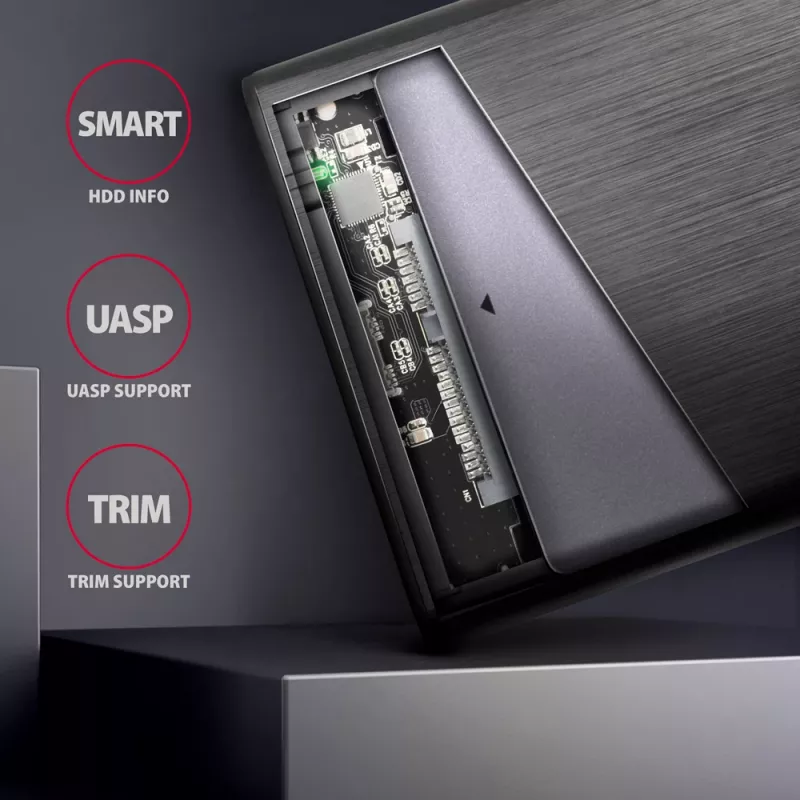 Išorinis dėklas 2.5 colio HDD/SSD AXAGON EE25-A6C — SATA, USB 3.2 Gen 1 (Type-C & Type-A), aliuminis, juodas