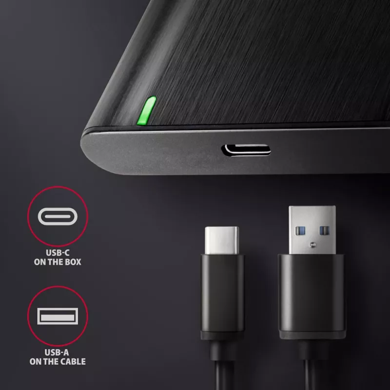 Išorinis dėklas 2.5 colio HDD/SSD AXAGON EE25-A6C — SATA, USB 3.2 Gen 1 (Type-C & Type-A), aliuminis, juodas