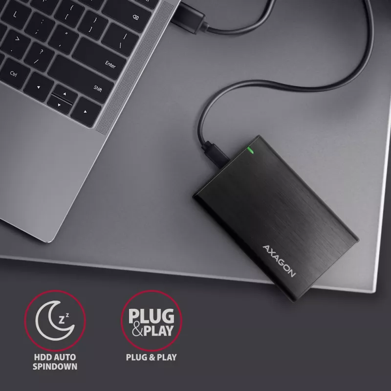 Išorinis dėklas 2.5 colio HDD/SSD AXAGON EE25-A6C — SATA, USB 3.2 Gen 1 (Type-C & Type-A), aliuminis, juodas