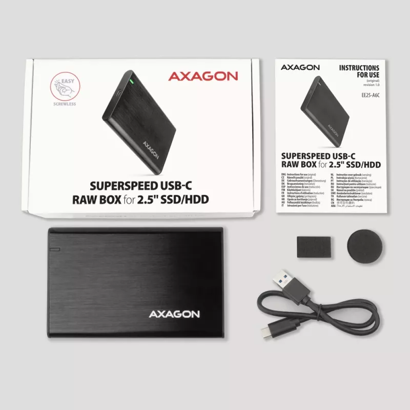Išorinis dėklas 2.5 colio HDD/SSD AXAGON EE25-A6C — SATA, USB 3.2 Gen 1 (Type-C & Type-A), aliuminis, juodas