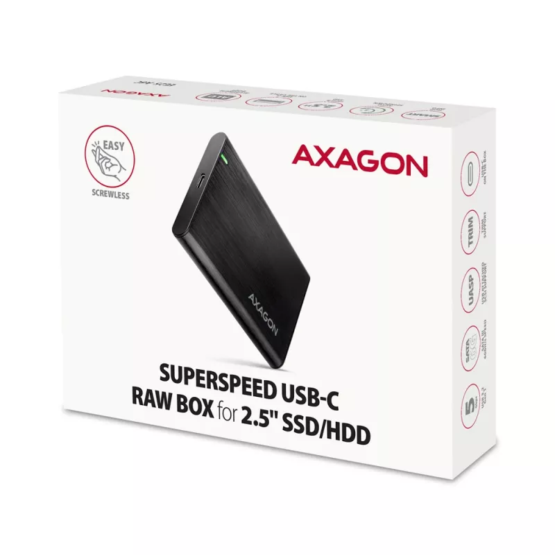 Išorinis dėklas 2.5 colio HDD/SSD AXAGON EE25-A6C — SATA, USB 3.2 Gen 1 (Type-C & Type-A), aliuminis, juodas