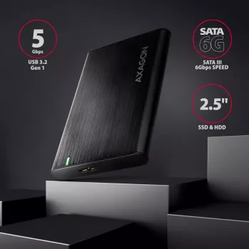 Išorinis dėklas HDD/SSD AXAGON EE25-A6M — 2,5 colio SATA, USB 3.2 Gen 1 (5 Gbit/s), Micro-USB B į USB Type-A, aliuminis, juodas