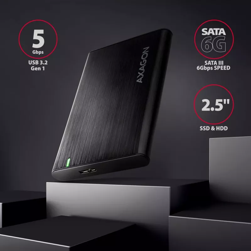 Išorinis dėklas HDD/SSD AXAGON EE25-A6M — 2,5 colio SATA, USB 3.2 Gen 1 (5 Gbit/s), Micro-USB B į USB Type-A, aliuminis, juodas