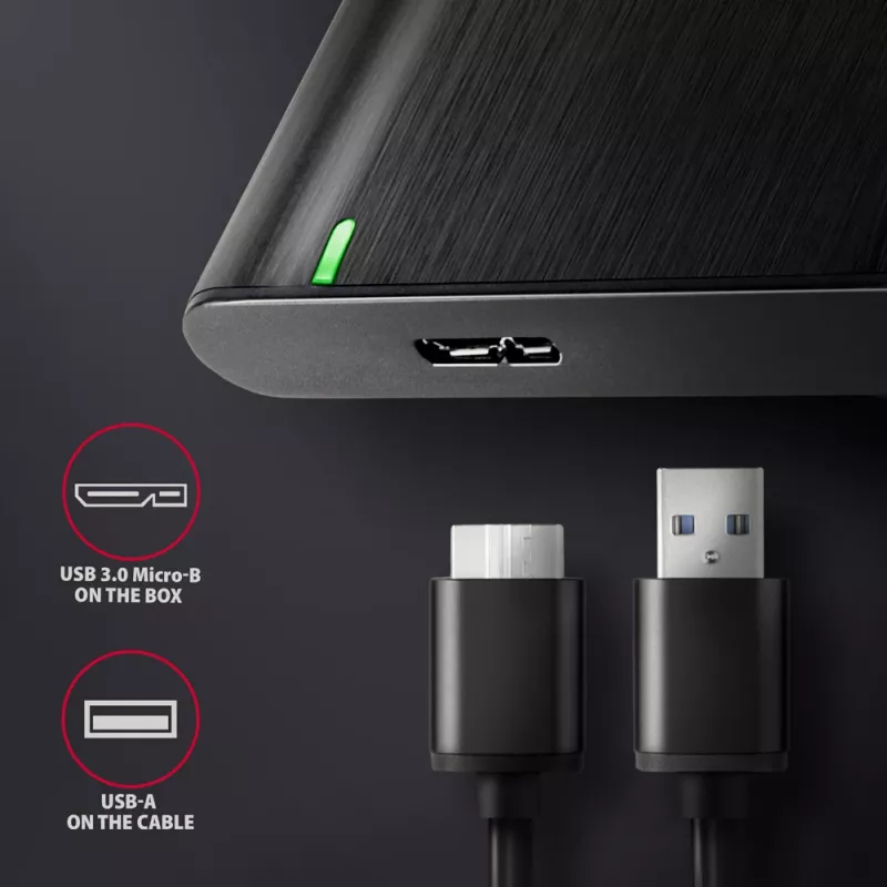 Išorinis dėklas HDD/SSD AXAGON EE25-A6M — 2,5 colio SATA, USB 3.2 Gen 1 (5 Gbit/s), Micro-USB B į USB Type-A, aliuminis, juodas
