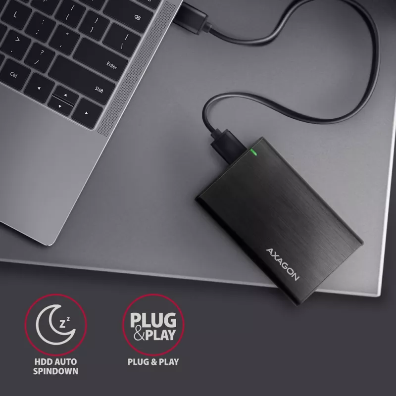 Išorinis dėklas HDD/SSD AXAGON EE25-A6M — 2,5 colio SATA, USB 3.2 Gen 1 (5 Gbit/s), Micro-USB B į USB Type-A, aliuminis, juodas