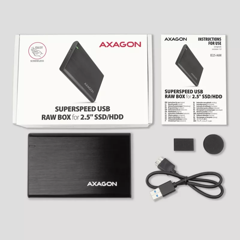 Išorinis dėklas HDD/SSD AXAGON EE25-A6M — 2,5 colio SATA, USB 3.2 Gen 1 (5 Gbit/s), Micro-USB B į USB Type-A, aliuminis, juodas