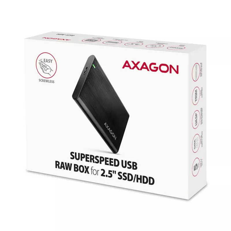 Išorinis dėklas HDD/SSD AXAGON EE25-A6M — 2,5 colio SATA, USB 3.2 Gen 1 (5 Gbit/s), Micro-USB B į USB Type-A, aliuminis, juodas