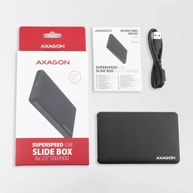 Išorinis dėklas Axagon EE25-SL be varžtų USB 3.2 Gen 1 - SATA 6G 2,5 colio SSD/HDD