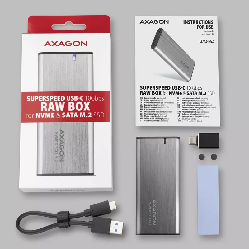 Axagon EEM2-SG2 SuperSpeed+ USB-C išorinis M.2 NVMe ir SATA SSD dėklas