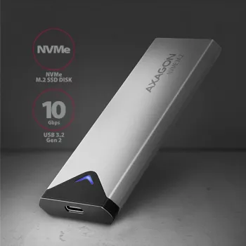 Axagon EEM2-UG2 Išorinis USB-C 10Gbps metalinis dėklas M.2 NVMe SSD diskams, sidabrinis
