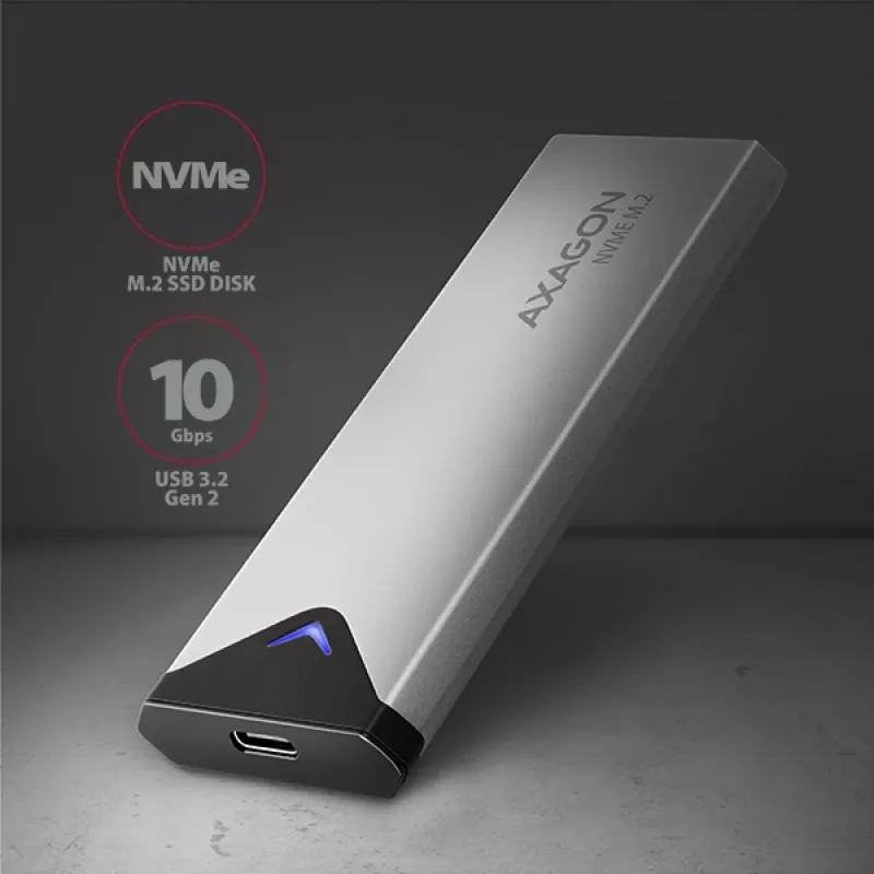 Axagon EEM2-UG2 Išorinis USB-C 10Gbps metalinis dėklas M.2 NVMe SSD diskams, sidabrinis