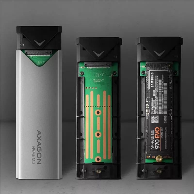Axagon EEM2-UG2 Išorinis USB-C 10Gbps metalinis dėklas M.2 NVMe SSD diskams, sidabrinis
