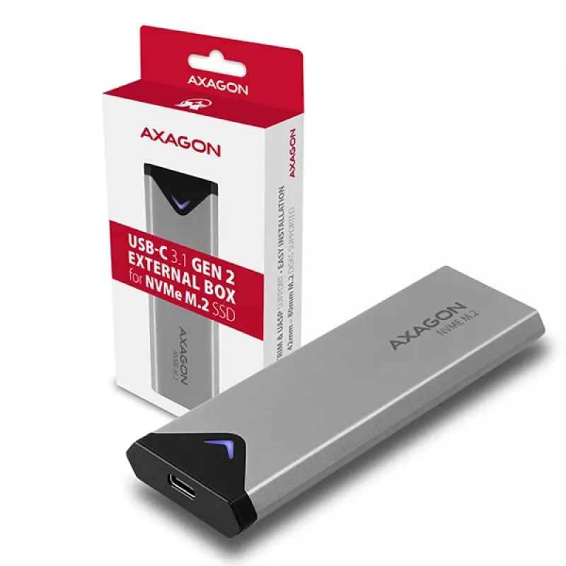 Axagon EEM2-UG2 Išorinis USB-C 10Gbps metalinis dėklas M.2 NVMe SSD diskams, sidabrinis