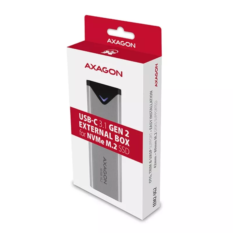Axagon EEM2-UG2 Išorinis USB-C 10Gbps metalinis dėklas M.2 NVMe SSD diskams, sidabrinis