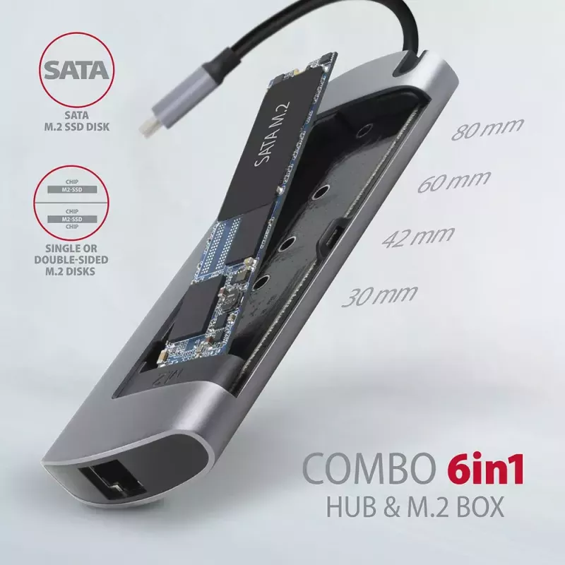 Axagon HMC-6M2 USB 3.2 Gen 1 centras, 2x USB-A, HDMI, RJ-45, SATA M.2, PD 100W, USB-C laidas