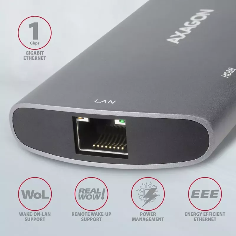 Axagon HMC-6M2 USB 3.2 Gen 1 centras, 2x USB-A, HDMI, RJ-45, SATA M.2, PD 100W, USB-C laidas