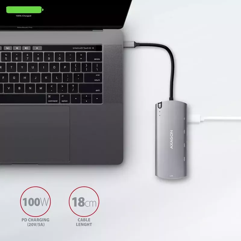 Axagon HMC-6M2 USB 3.2 Gen 1 centras, 2x USB-A, HDMI, RJ-45, SATA M.2, PD 100W, USB-C laidas