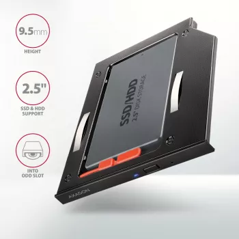 Axagon RSS-CD09 2.5 inch SSD/HDD adapteris į DVD lizdą 9,5 mm LED ALU vidinis SATA