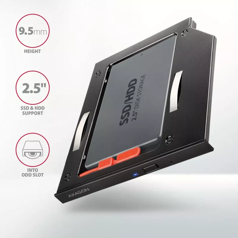Axagon RSS-CD09 2.5 inch SSD/HDD adapteris į DVD lizdą 9,5 mm LED ALU vidinis SATA