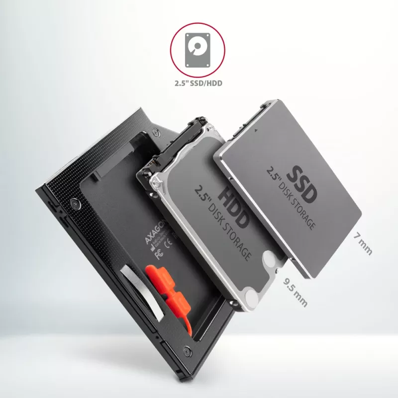 Axagon RSS-CD09 2.5 inch SSD/HDD adapteris į DVD lizdą 9,5 mm LED ALU vidinis SATA