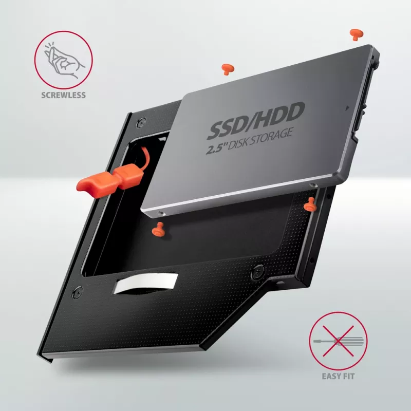 Axagon RSS-CD09 2.5 inch SSD/HDD adapteris į DVD lizdą 9,5 mm LED ALU vidinis SATA