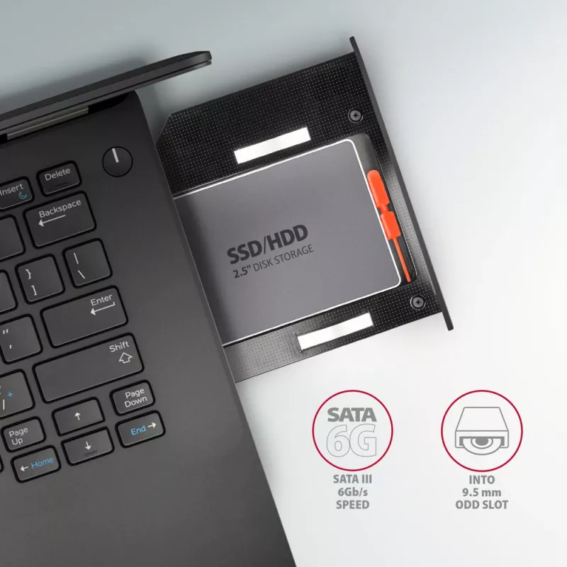 Axagon RSS-CD09 2.5 inch SSD/HDD adapteris į DVD lizdą 9,5 mm LED ALU vidinis SATA