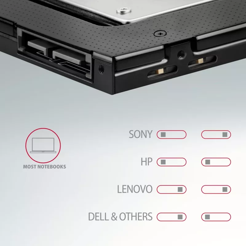 Axagon RSS-CD09 2.5 inch SSD/HDD adapteris į DVD lizdą 9,5 mm LED ALU vidinis SATA