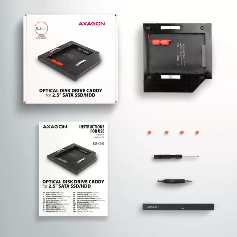 Axagon RSS-CD09 2.5 inch SSD/HDD adapteris į DVD lizdą 9,5 mm LED ALU vidinis SATA