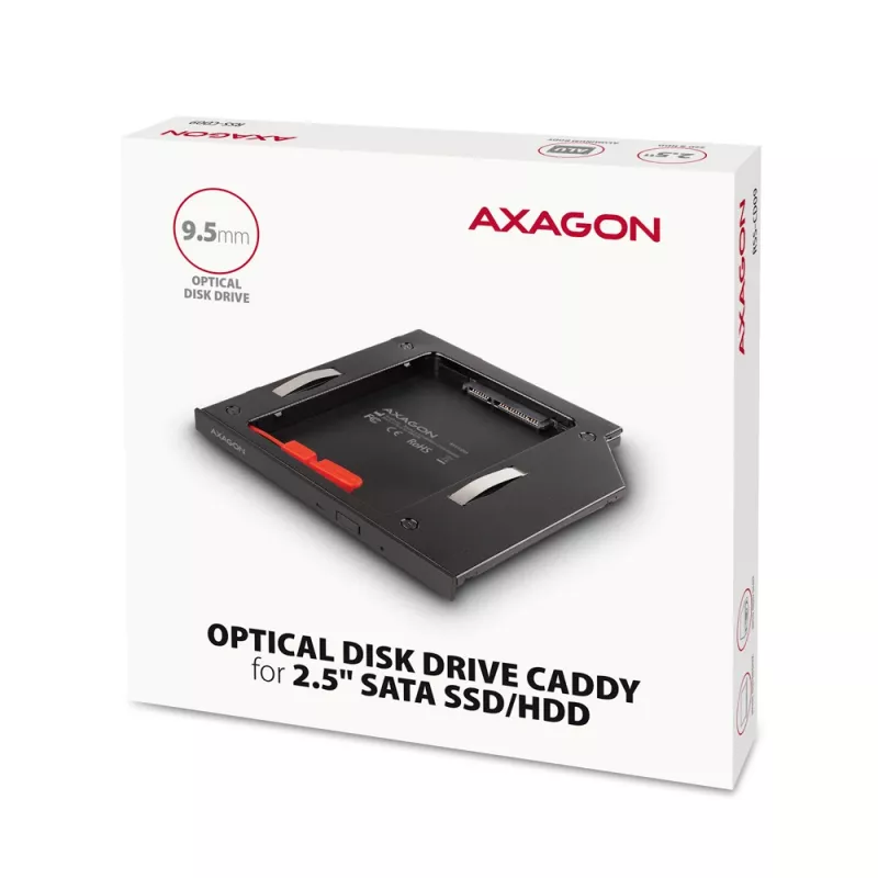 Axagon RSS-CD09 2.5 inch SSD/HDD adapteris į DVD lizdą 9,5 mm LED ALU vidinis SATA