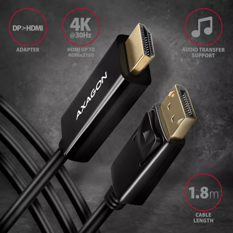 Axagon RVD-HI14C2 DisplayPort į HDMI 1.4 kabelis 1,8 m, 4K/30Hz