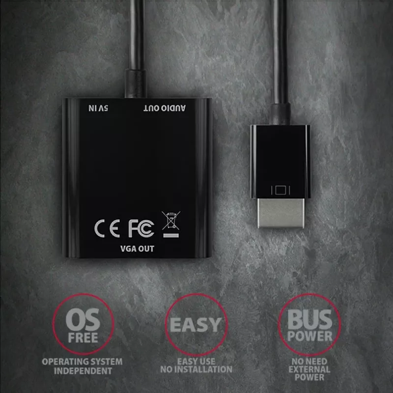 Axagon RVH-VGAN HDMI į VGA adapteris FullHD, 1920x1200, garso išvestis, maitinimo įvadas