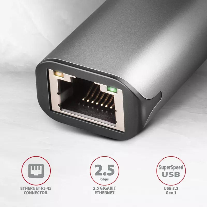 2.5 Gigabit Ethernet adapterius AXAGON ADE-25R — USB Type-C, 10/100/1000/2500 Mbit, 5000 Mbit/s, aliuminis, pilka