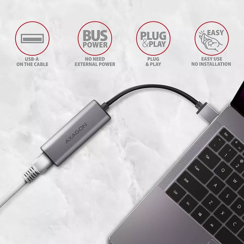 2.5 Gigabit Ethernet adapterius AXAGON ADE-25R — USB Type-C, 10/100/1000/2500 Mbit, 5000 Mbit/s, aliuminis, pilka