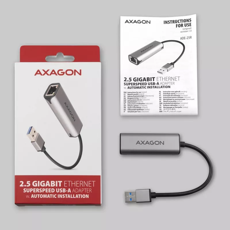 2.5 Gigabit Ethernet adapterius AXAGON ADE-25R — USB Type-C, 10/100/1000/2500 Mbit, 5000 Mbit/s, aliuminis, pilka