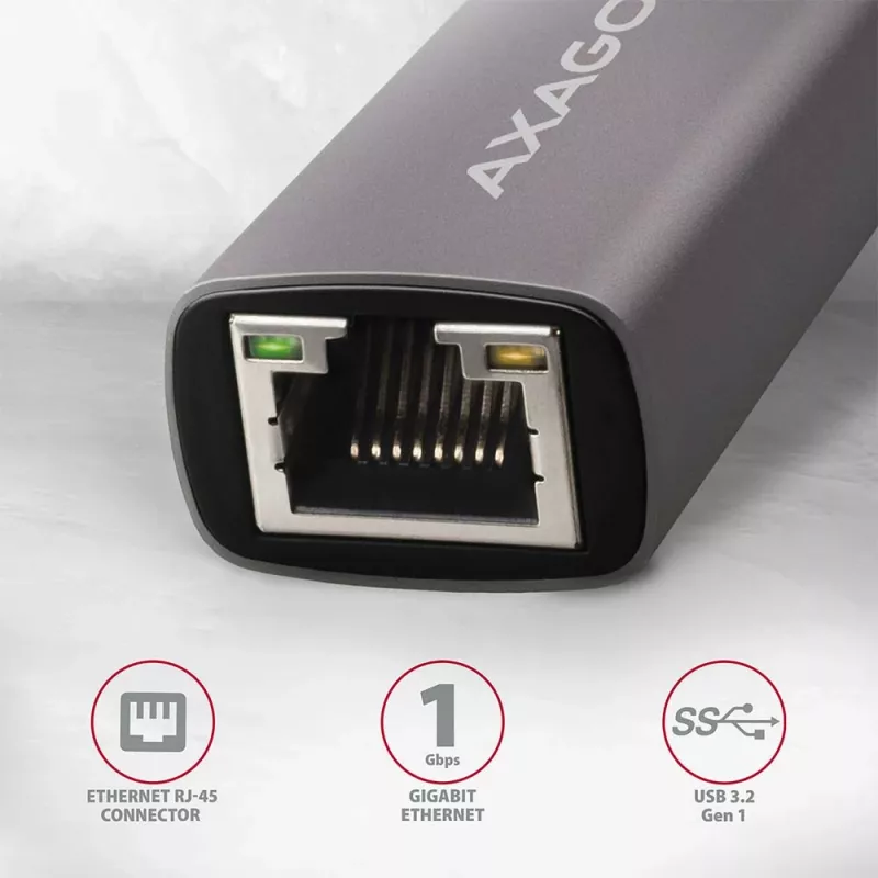 AXAGON ADE-TR USB 3.2 Gen 1 Type-A į Gigabit Ethernet adapteris — 10/100/1000 Mbps, metalinis titano pilkas, 5000 Mbit/s