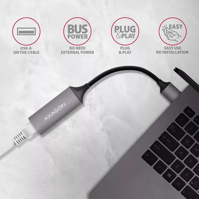 AXAGON ADE-TR USB 3.2 Gen 1 Type-A į Gigabit Ethernet adapteris — 10/100/1000 Mbps, metalinis titano pilkas, 5000 Mbit/s