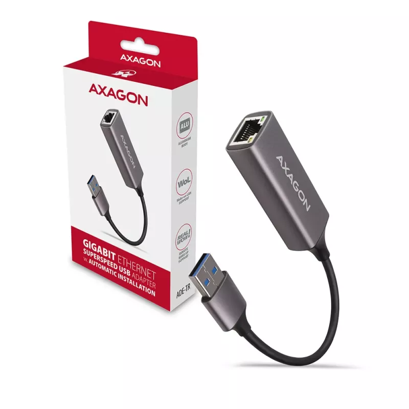 AXAGON ADE-TR USB 3.2 Gen 1 Type-A į Gigabit Ethernet adapteris — 10/100/1000 Mbps, metalinis titano pilkas, 5000 Mbit/s