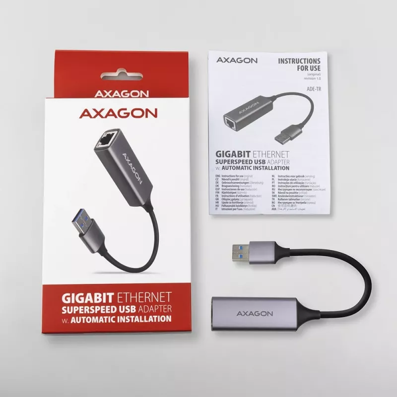 AXAGON ADE-TR USB 3.2 Gen 1 Type-A į Gigabit Ethernet adapteris — 10/100/1000 Mbps, metalinis titano pilkas, 5000 Mbit/s