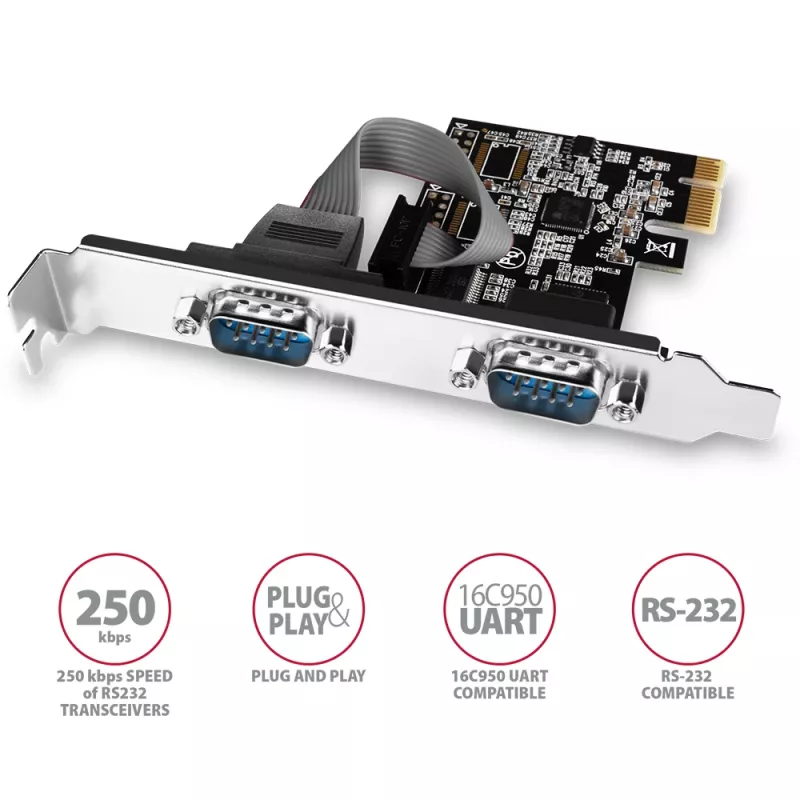 Axagon PCEA-S2N PCIe adapteris - 2x RS-232 prievadas, 250 kbps, su standartine ir žemo profilio kronšteinais