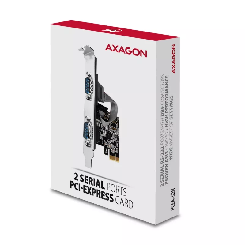 Axagon PCEA-S2N PCIe adapteris - 2x RS-232 prievadas, 250 kbps, su standartine ir žemo profilio kronšteinais
