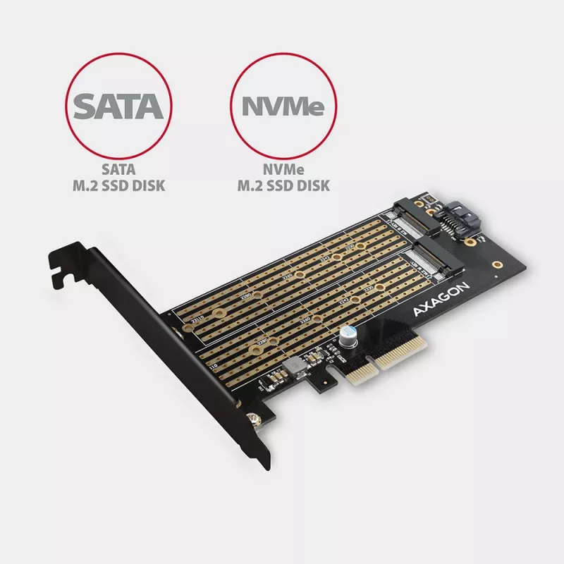 Axagon PCEM2-D PCIe x4 adapteris dviems M.2 NVMe M-key + SATA B-key SSD