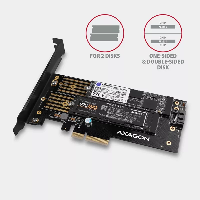 Axagon PCEM2-D PCIe x4 adapteris dviems M.2 NVMe M-key + SATA B-key SSD